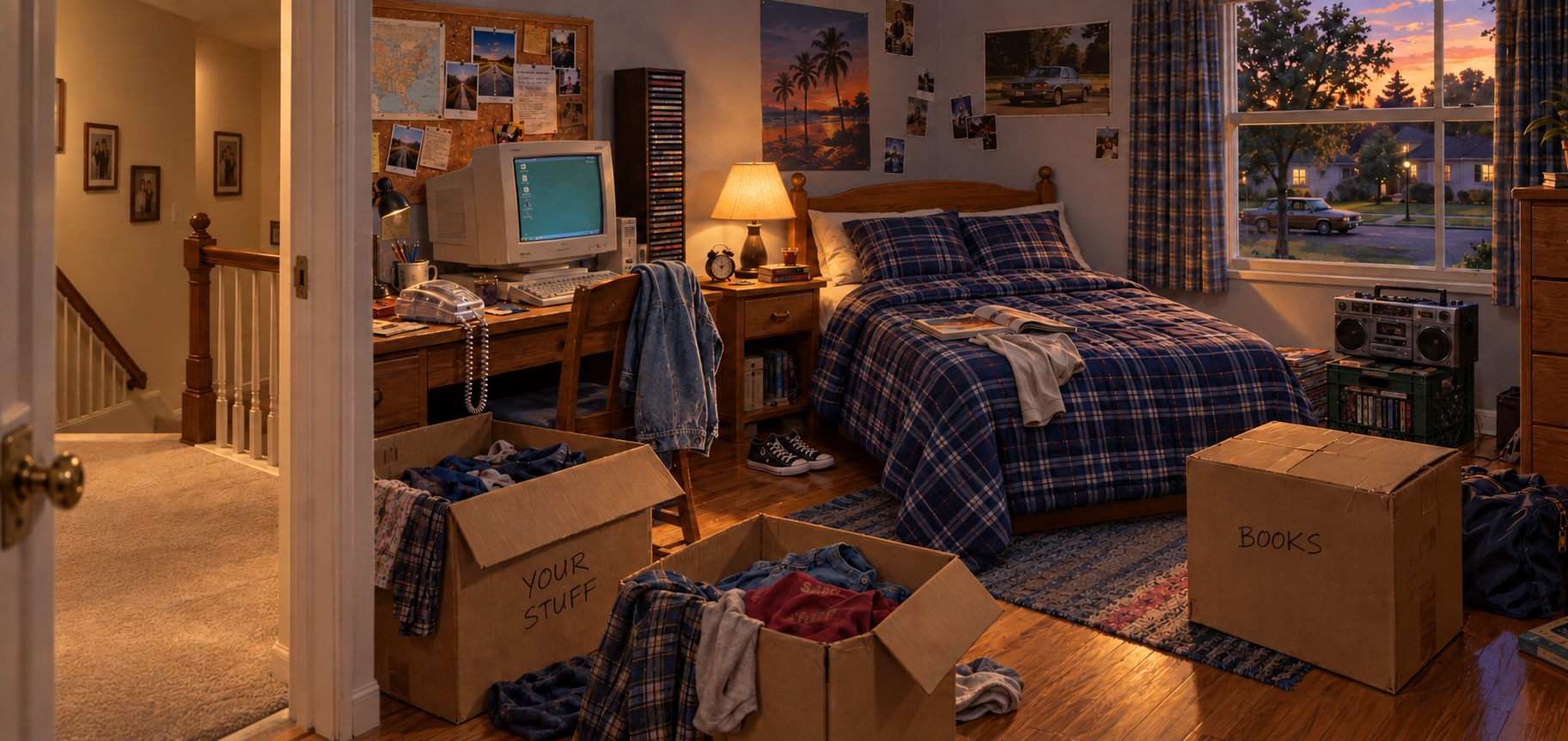 An upstairs bedroom in 1997: the open doorway reveals a carpeted landing and stairs descending. A full-size navy plaid bed sits against the back wall with its lamp and clock on the nightstand to the left, alongside the familiar computer desk, clear phone, boombox, CDs, and moving boxes.
