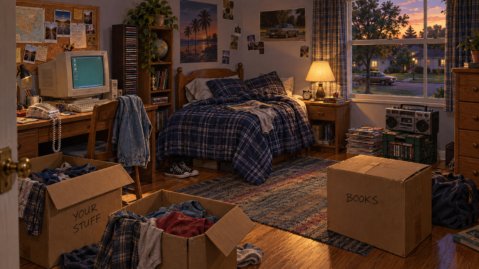 A realistic bedroom in 1997, half unpacked with a plaid bed, CRT computer, translucent phone, boombox, CDs, magazines, and moving boxes
