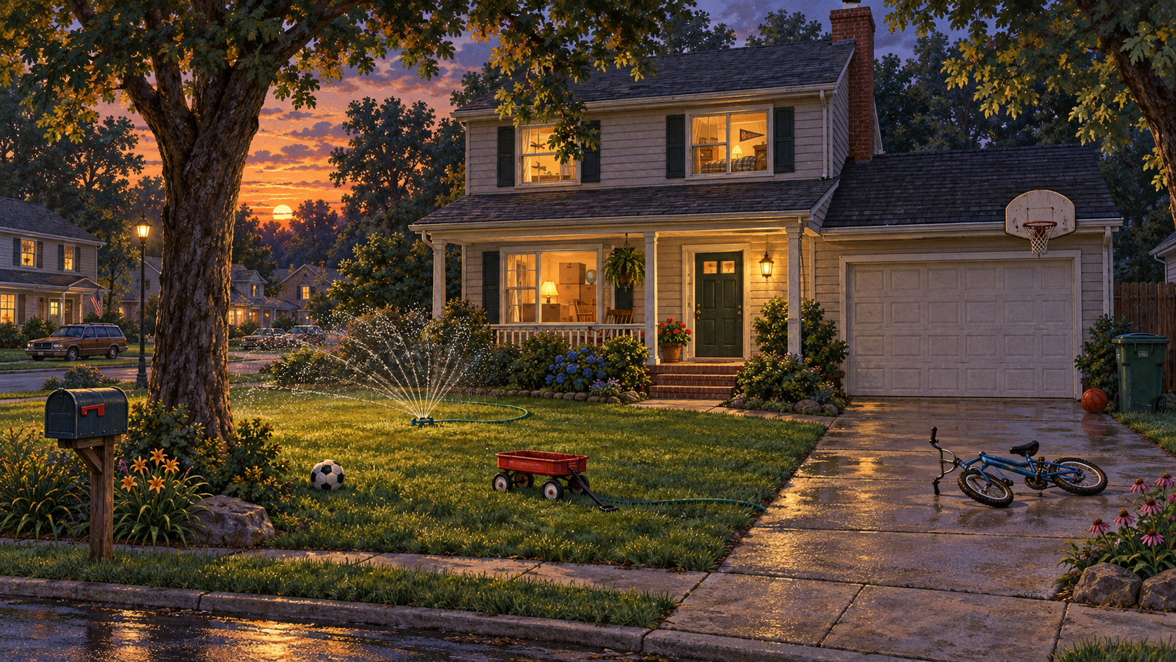 A two-story Maplewood house at sunset with a sprinkler, bike, wagon, ball, and moving boxes