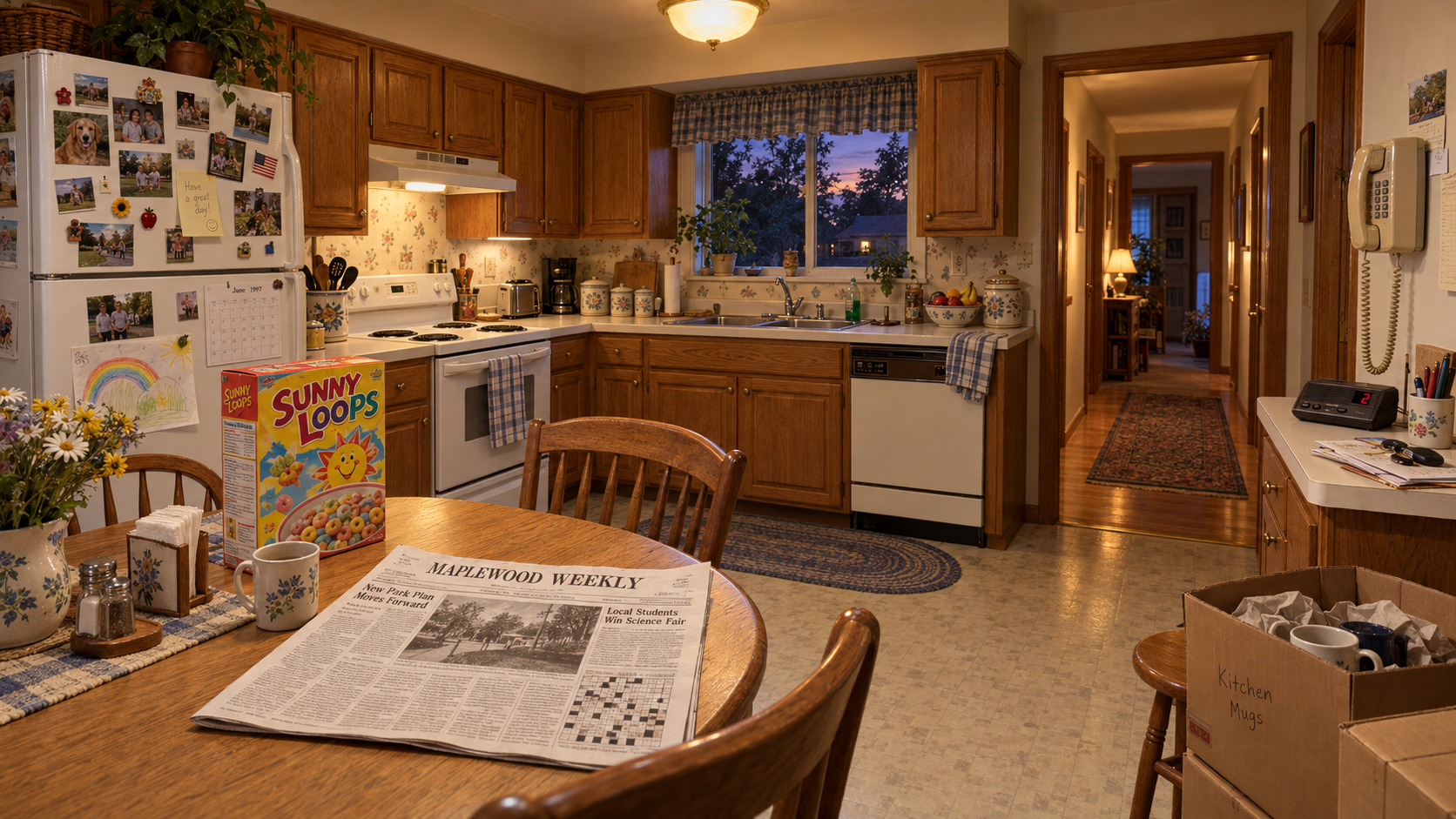 The family’s kitchen in summer 1997: warm oak cabinets, a white refrigerator covered in notes, a white stove, sink, corded wall telephone and answering machine, and a kitchen table with a cereal box and the Maplewood Weekly. A few moving boxes sit beside the open hallway.