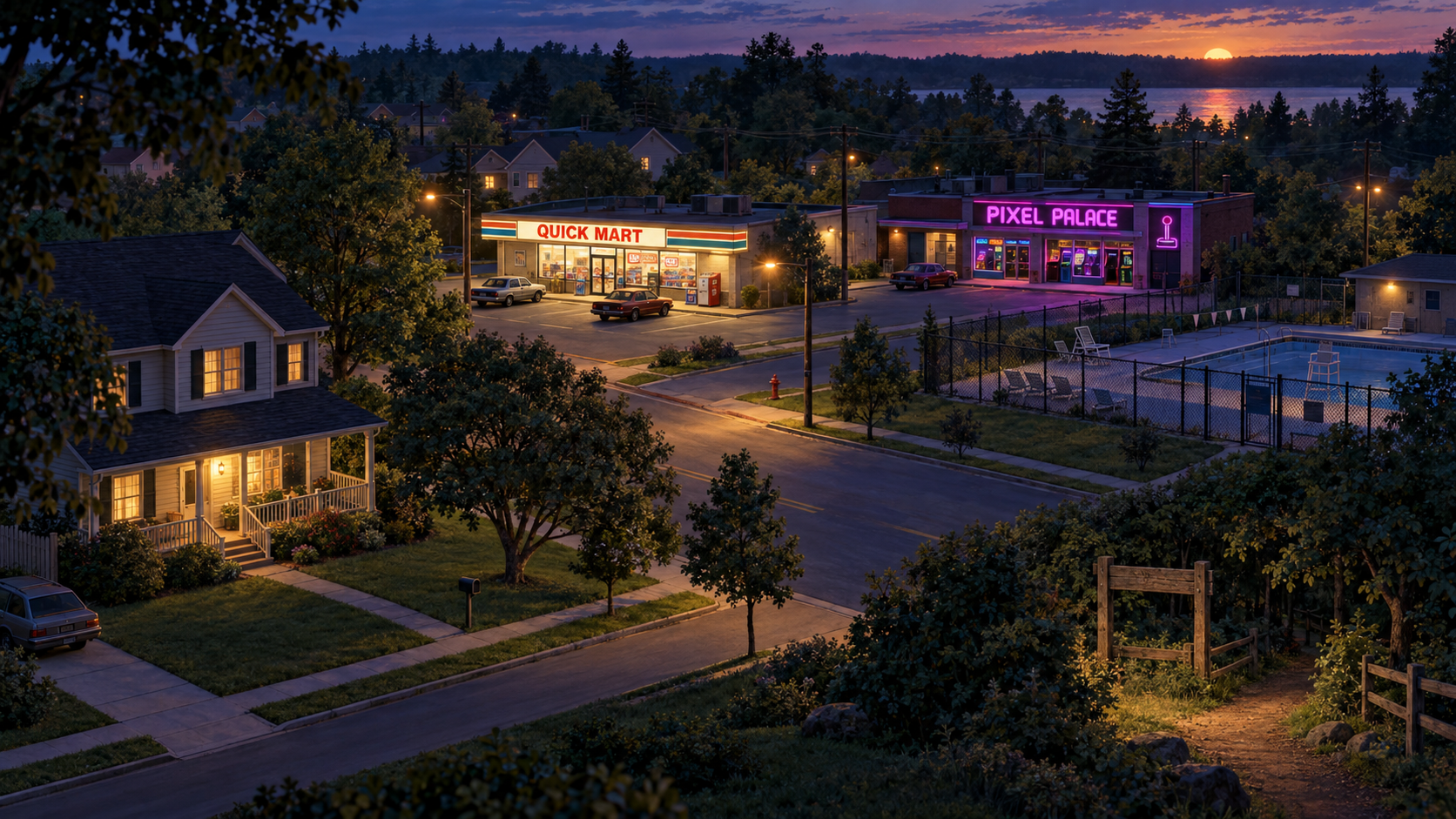 Maplewood at dusk with Nicole's house, Quick Mart, Pixel Palace, the community pool, and the woods