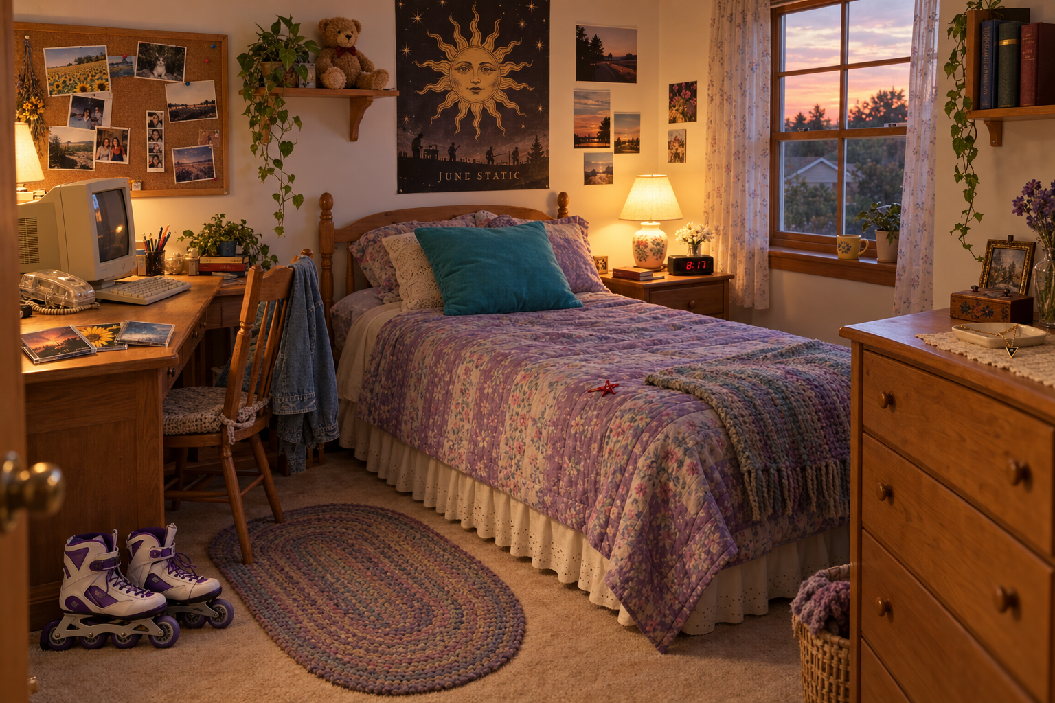 Nicole’s bedroom at dusk, with a clear telephone and CDs on the computer desk, photographs on the corkboard, books on the shelf and bedside table, and a denim jacket on the chair